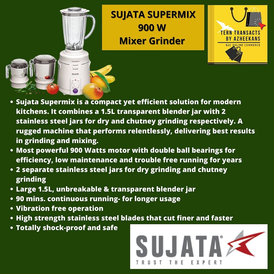Sujata Supermix, Mixer Grinder, 900 Watts, 3 Jars (White) - Premium Mixer Grinder from Sujata - Just Rs. 5500! Shop now at Surana Sons
