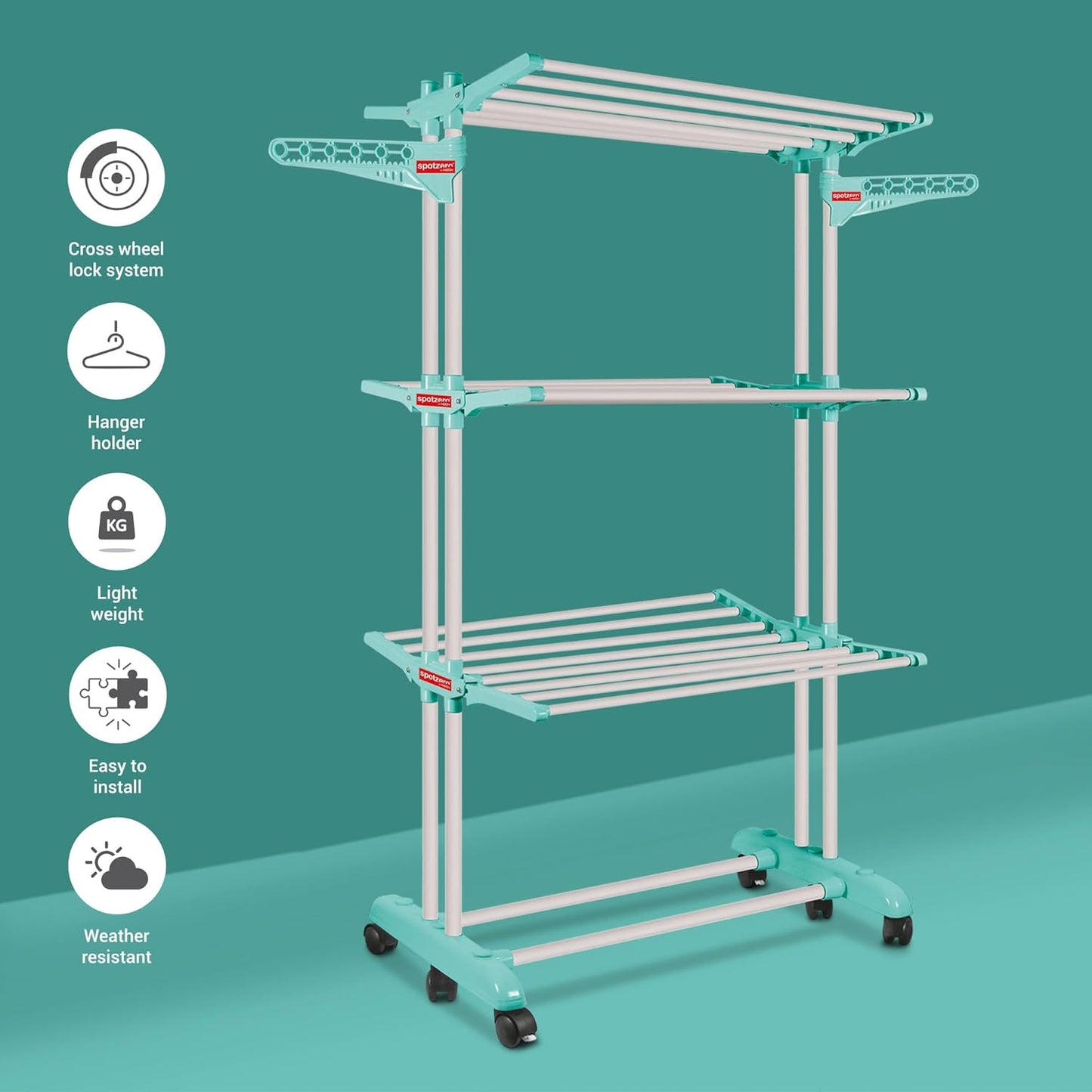 SPOTZERO by Milton 3 Layers Cloth Drying Stand, Aqua Green | Cloth Dryer | Floor | Balcony