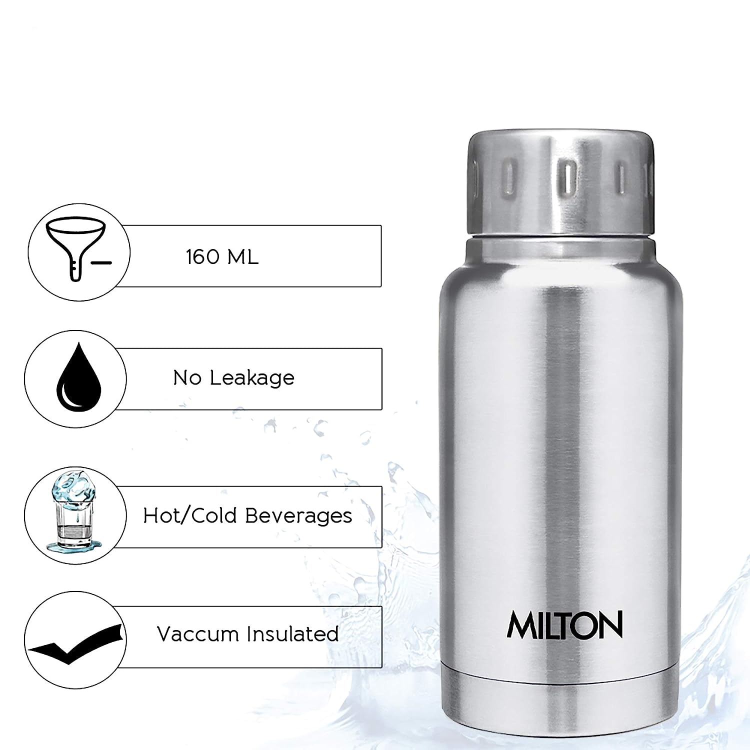 Milton Elfin 160, Double Wall Vacuum Insulated Flask, 160 ml | 5.4 oz | Hot  & Cold Water Bottle, 18/8 Stainless Steel, Compact Flask, Durable Body