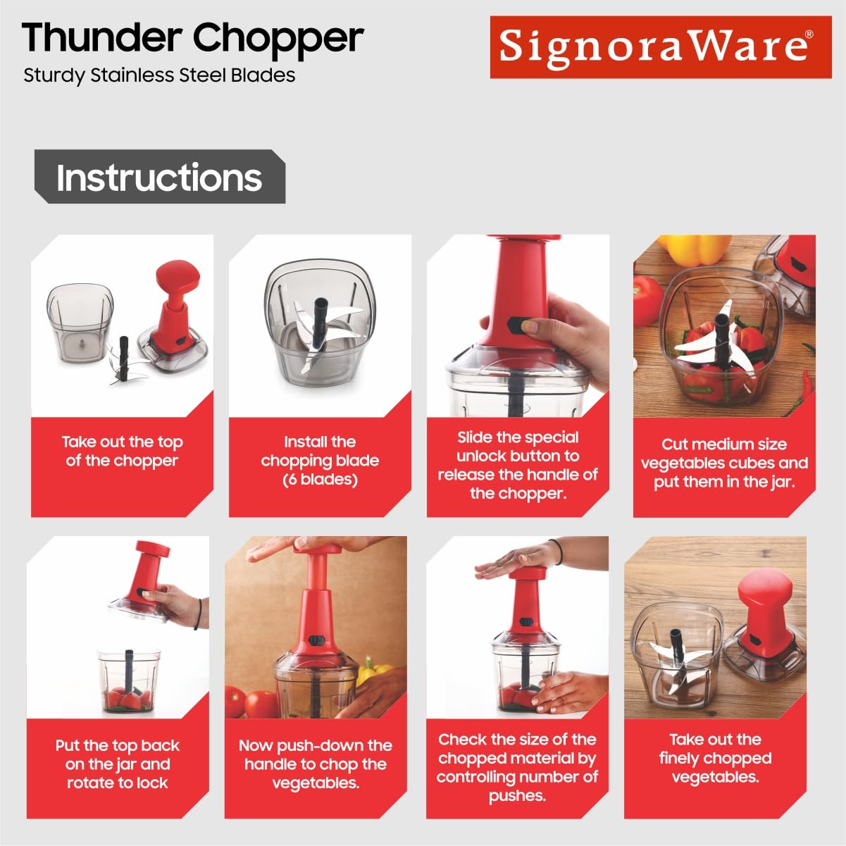 SIGNORAWARE Thunder Chopper Big 1000 ML (6 Blade) | Hand Press Vegetable And Fruit Cutter Chopper Easy Push And Close Button