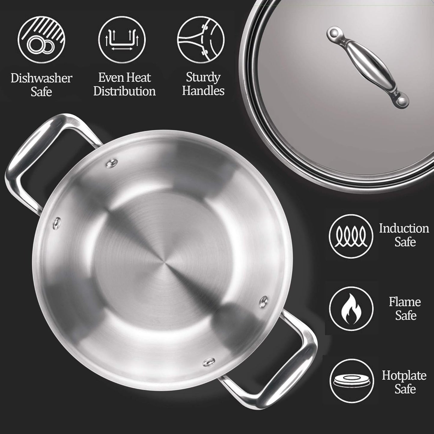 PROCOOK BY MILTON Triply Stainless Steel Kadhai with SS Lid | Induction & Gas Stove Compatible
