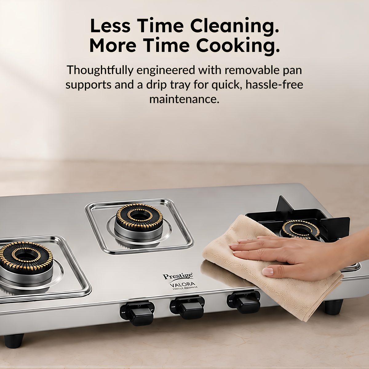 PRESTIGE Valora 03B Premium Heavy Stainless Steel Body L.P. Gas Stove 3 Brass Burners | Wind Guard Pan Support | 360° Revolving Nozzle | Removable Spill Tray