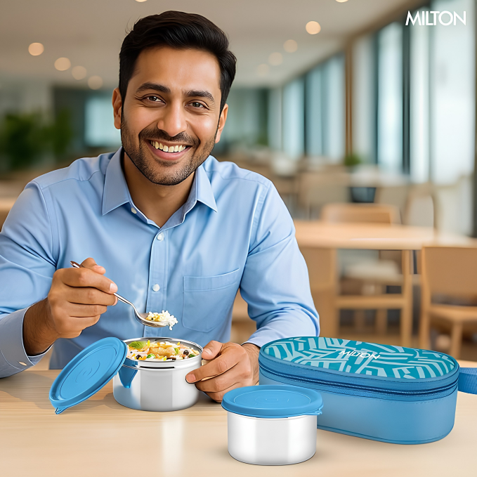 MILTON Plato Pack Big Stainless Steel Lunch Box (2 X 500 ml containers) with Jacket | Leak Proof, Food Grade I Lightweight, Odour Proof | 1 Year Warranty I Ideal for Office, School, Travel