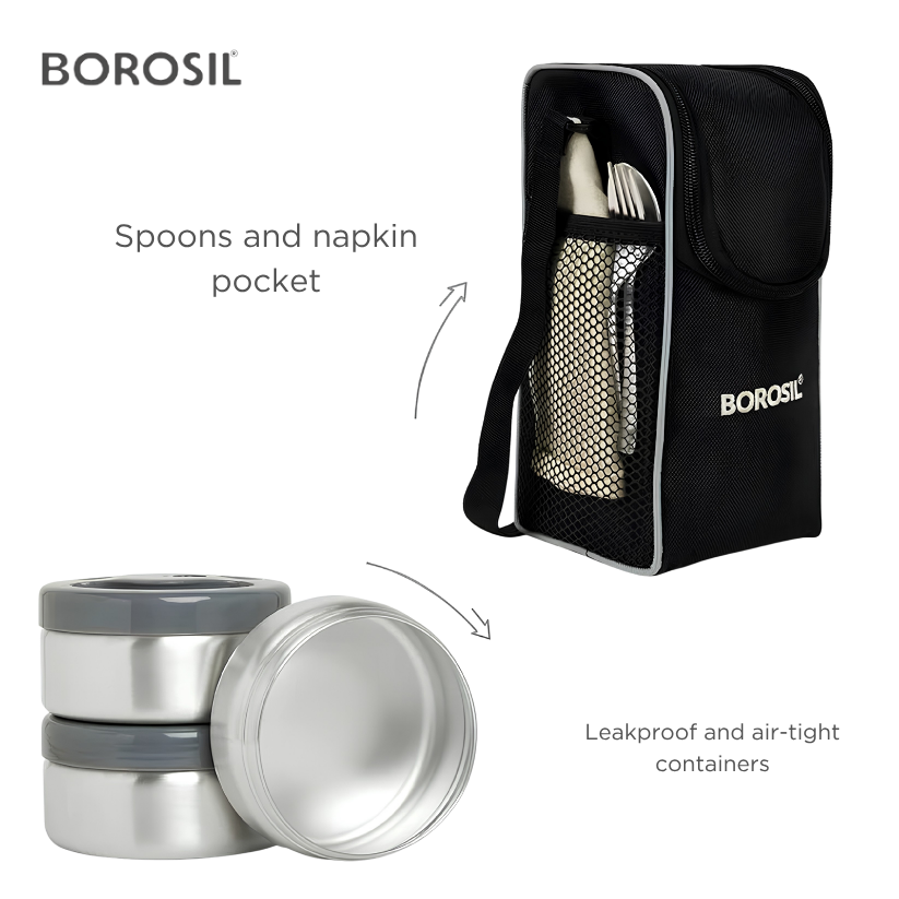 BOROSIL Hot-N-Fresh Stainless Steel Insulated Lunch Box, 3 Containers (1pcs 360 ml + 2pcs 410 ml), Grey