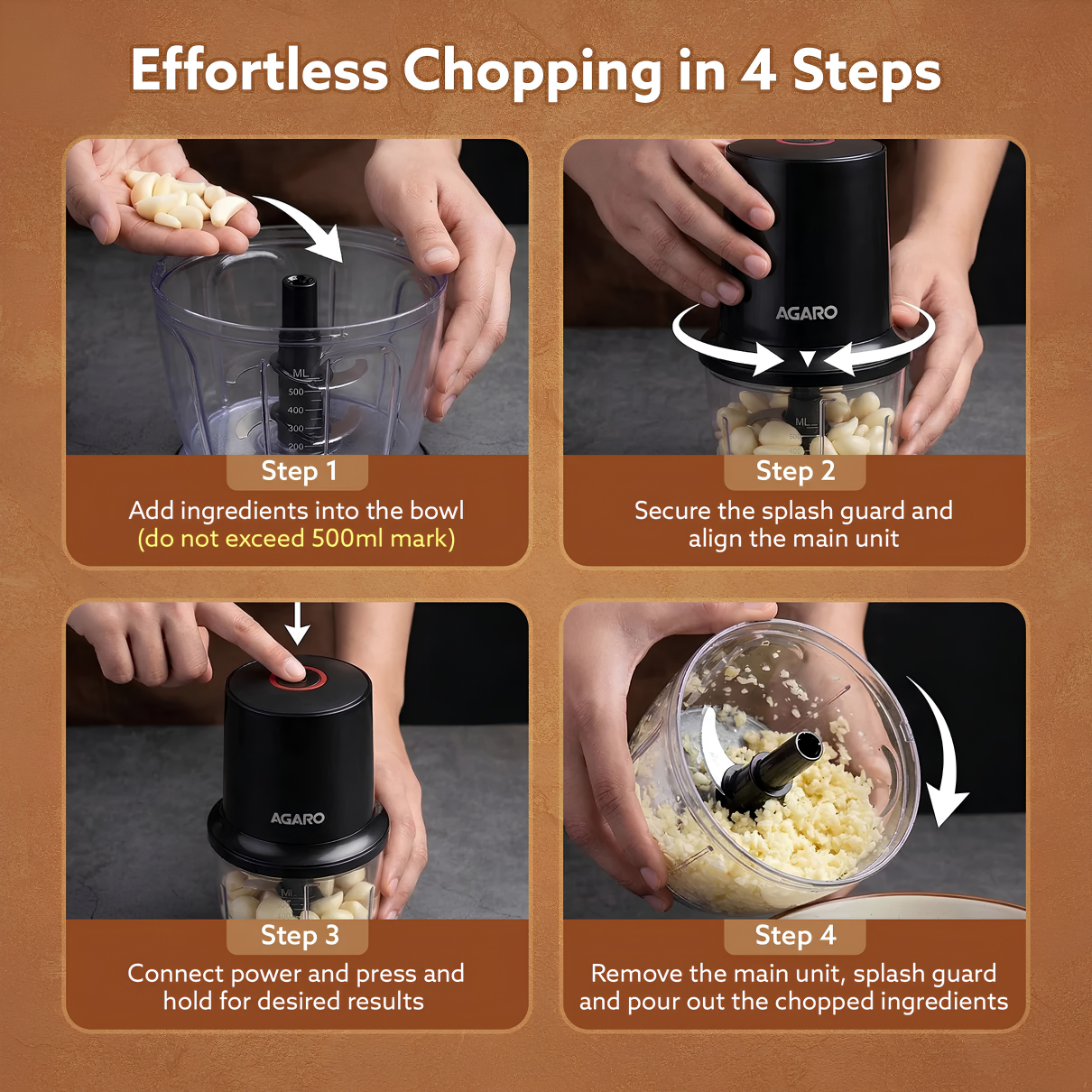 AGARO Elegant Vegetable Chopper | 100% Pure Copper Motor, Chop, Mince, Dice, Twin Stainless Steel Blade, 500 Ml, One Touch Operation, Elegant, Black.