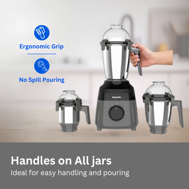 PHILIPS HR7000/00, 750 Watt 3 Jars Mixer Grinder | 21000 RPM, OptiGrind Motor Technology, Grey and Black