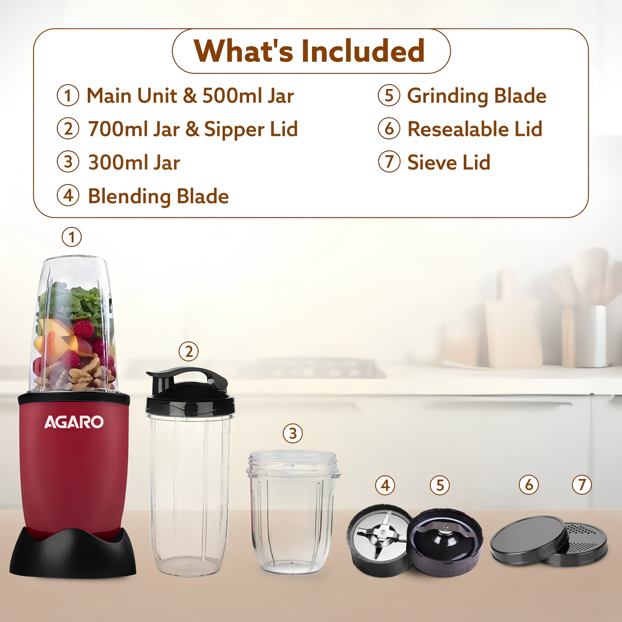 AGARO Regal Blender with 3 Jars | 400 Watts Personal Blender with 100% Copper Motor | Stainless Steel Blades | Smoothie Maker, Masala Grinder, Use for Milkshakes, Juices & Chutney | Red