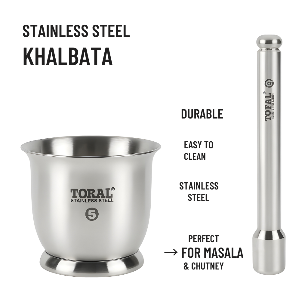 TORAL Popular Heavy Weighted Stainless Steel Mortar and Pestle Set | Rust-Proof Premium QualityKhalbatta/Kharal | Spice & Medicine Grinder for Kitchen Use