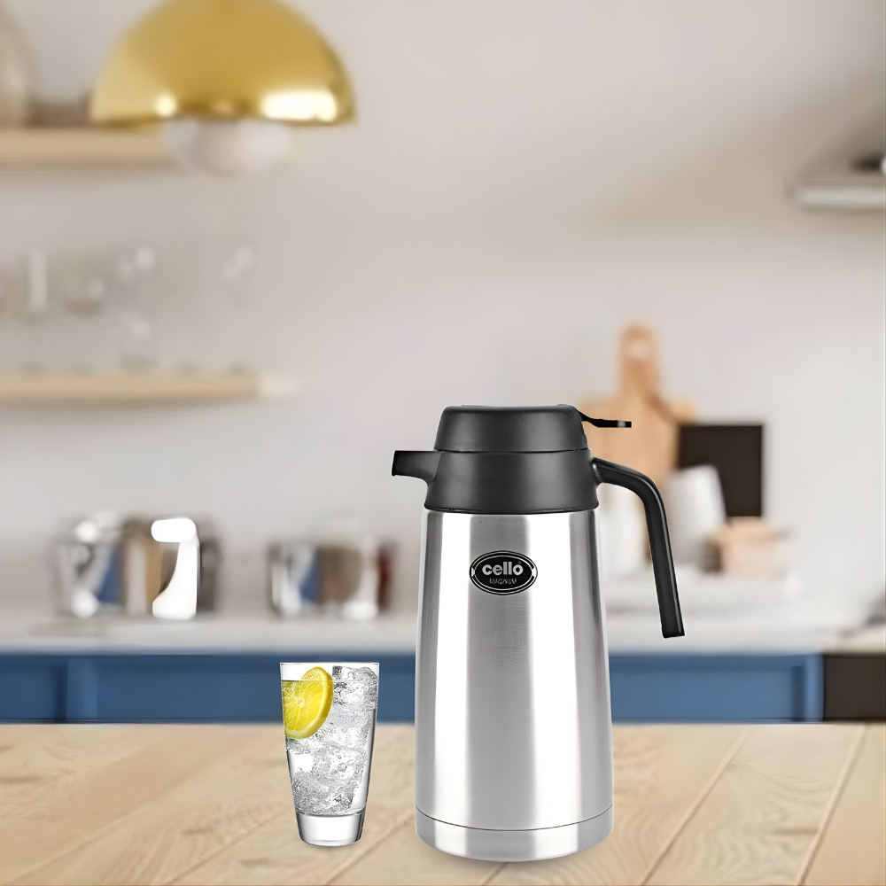 CELLO Magnum Stainless Steel Double Walled Vacuum Insulated with Handle 1600 ML, Silver | Hot & Cold | Easy to Carry Leakproof Tea/Coffee Flask