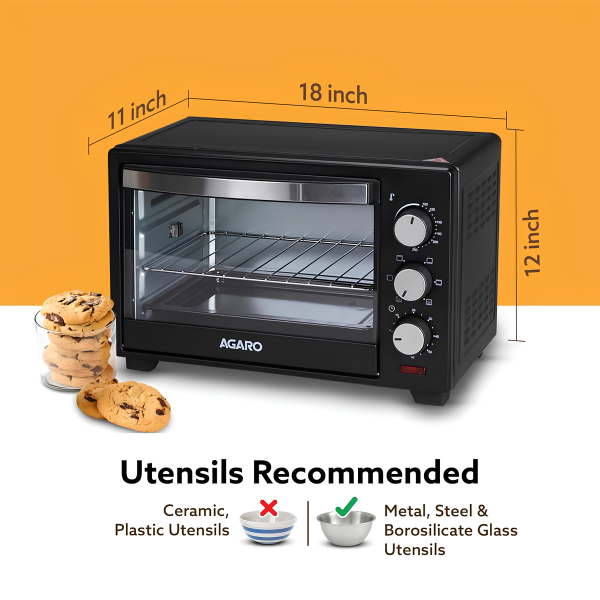 AGARO Marvel Oven Toaster Griller, 25 Littre’s, Motorised Rotisserie, Adjustable Temperature, 5 Heating Modes & Timer, Cake Baking, Roasting, Grilling, OTG (Black)