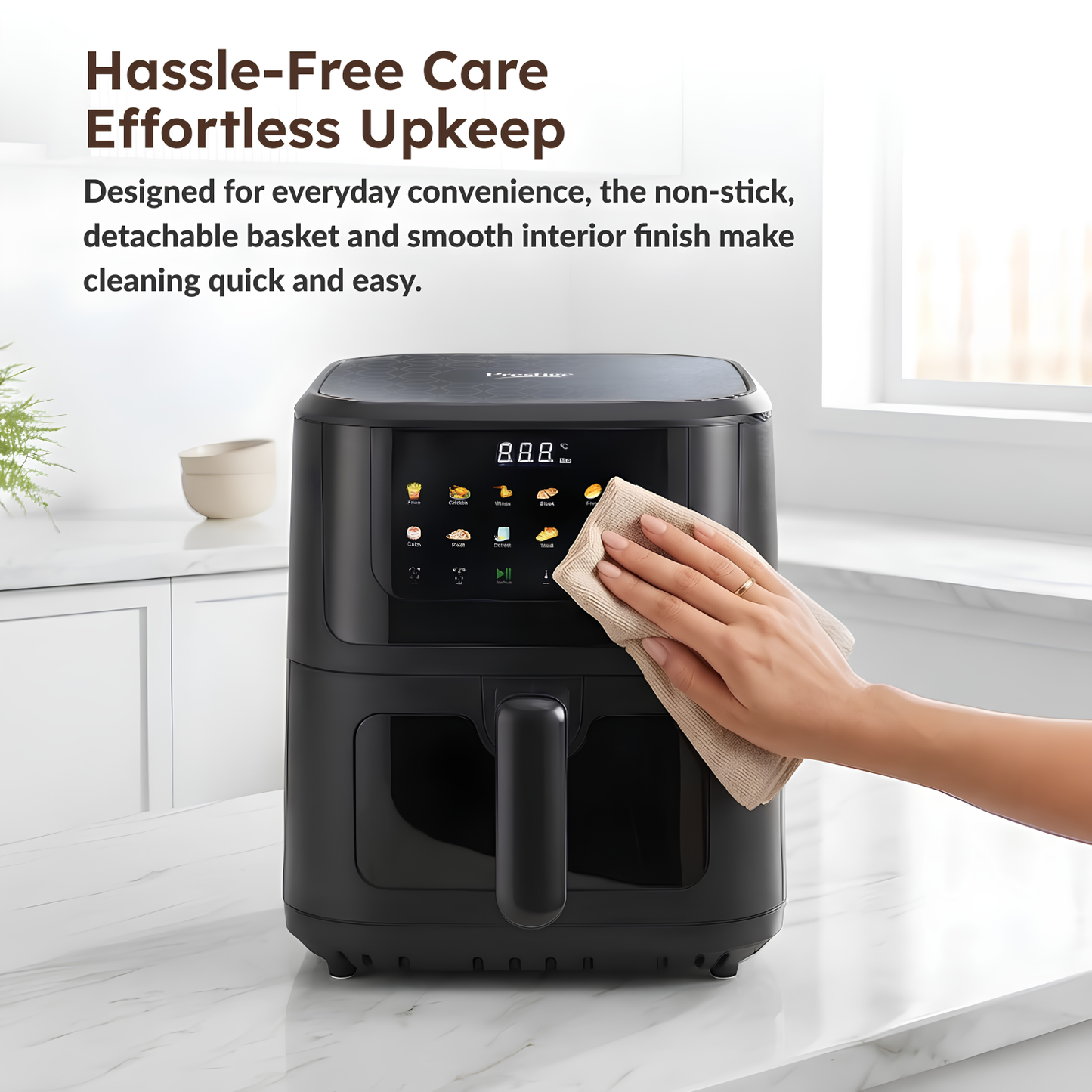 Prestige Crystachef 5.5 L 1350 W Air Fryer Black|11 Pre-set Menu Option | See Through Window|Safety Interlocking | Specially Designed Frying Basket| Up to 80% Less Oil|1 Year Warranty