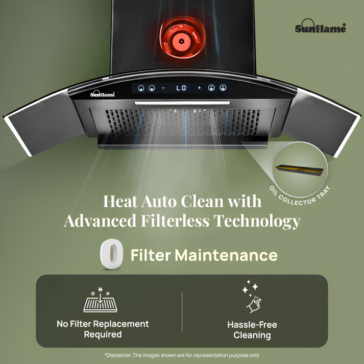 SUNFLAME SF-RE90 | 90 cm BLDC Kitchen Chimney | 1400 m³/hr suction | Low Noise Operation | Heat Auto Clean | Gesture & Touch Control | 10 Speed Settings | 12 Year Motor Warranty