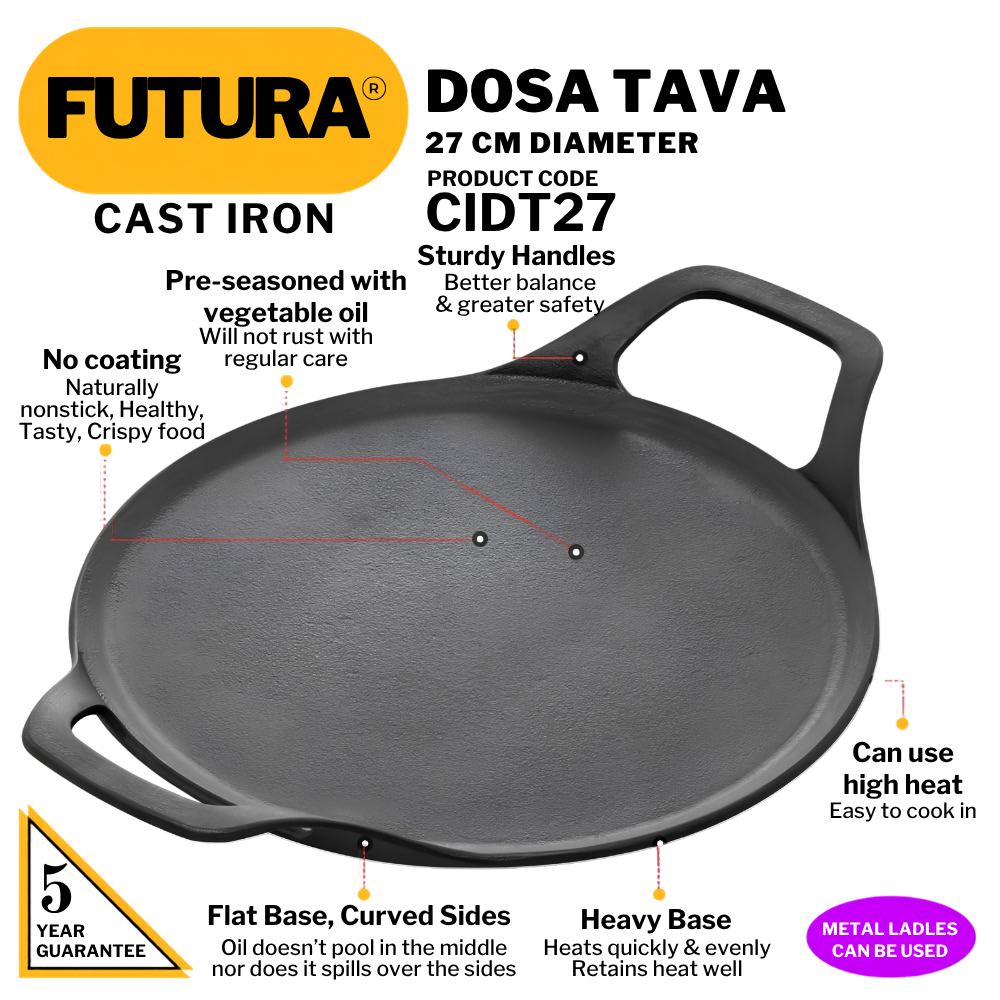 FUTURA By HAWKINS Reinforced Cast Iron Flat Tava 27 cm (CIDT27) | For Dosa, Uttapam, Chila, Tikki | Domestic Gas, Halogen, Ceramic, Induction Cooktop Compatible