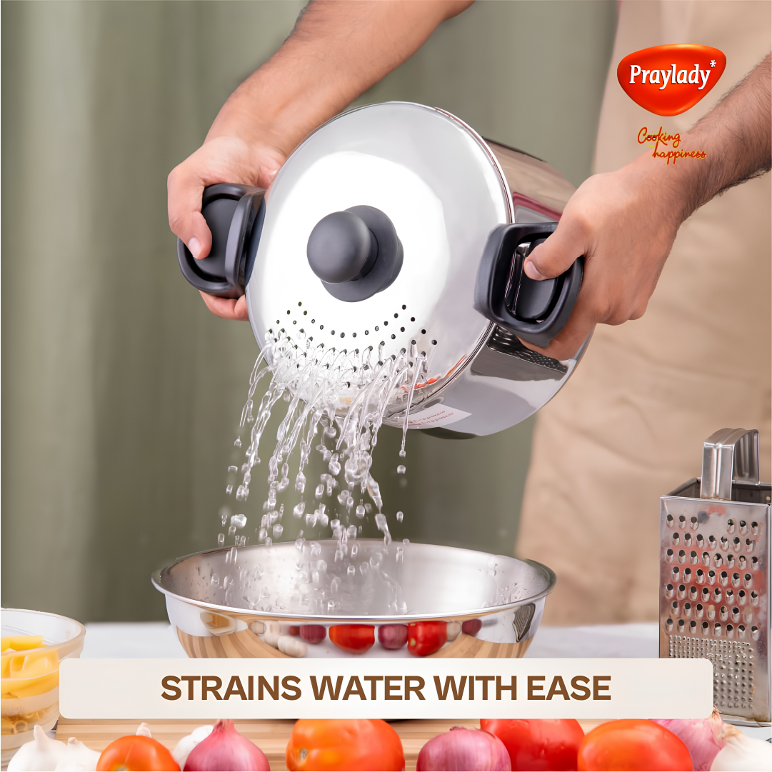 Praylady Stainless Steel Strainer Pot | Anti-Locking Glass Lid | Multi-Purpose Pasta, Rice & Noodle Pot | Large Family Pot | Induction & Gas Compatible