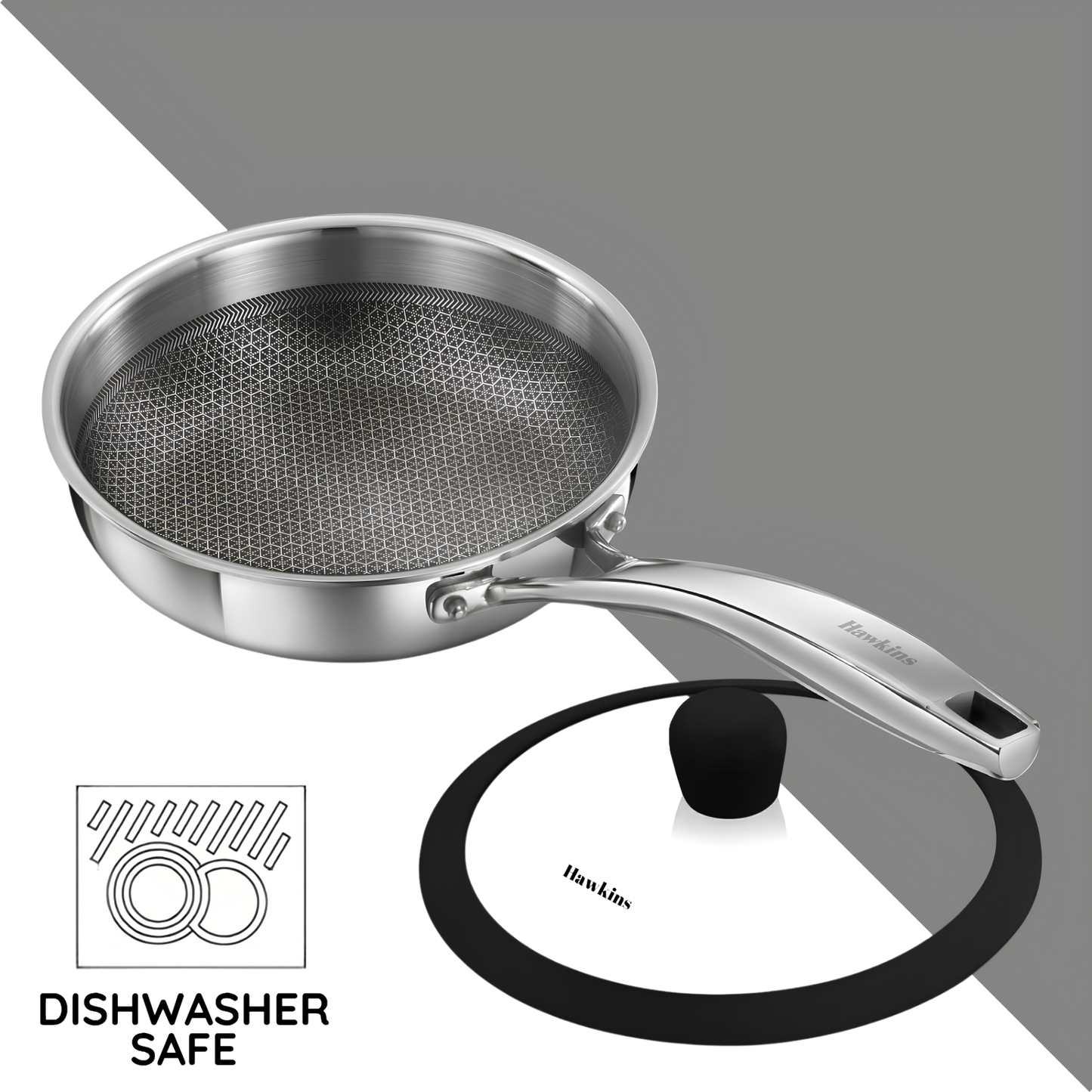 HAWKINS 18 cm Tri-ply Shielded Stainless Steel Non-Stick Pro Frying Pan | Induction & Gas Compatible | Even Heating | with Glass Lid | Silver (PSNF18G)