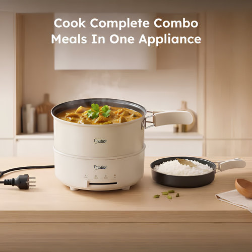 PRESTIGE Electric Omnipot | 1000W Electric Cooking Pan & Fry Pan with Lid | Steam Vent | Temperature Control Slider | Cool-Touch Foldable Handles | Detachable Power Cord | Compact Design | 1Year Warranty | Travel Accessories
