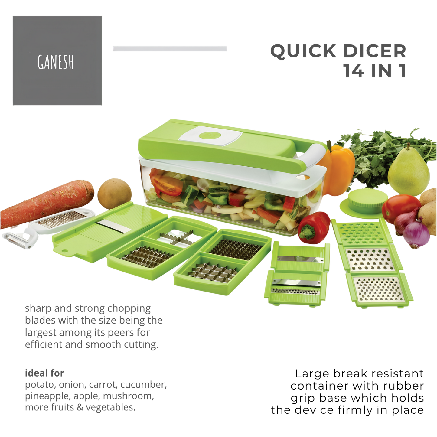 GANESH 14 in 1 Multipurpose Chopper, Fruits & Vegetable Cutters, Grater Peeler Chipser, Unbreakable Food Grade Body, Easy Push to Clean Button Slicer Dicer, Chopper for Kitchen (Green, Plastic)