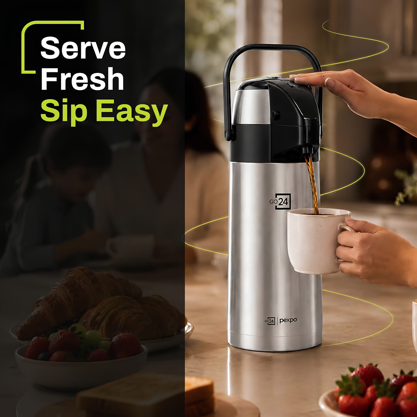 Go24 PEXPO AquaPort Stainless Steel Vacuum Insulated Beverage Dispenser with Pump | Hot & Cold | Double Wall | Sturdy Handle to Carry | Coffee/Tea Carafe - Silver