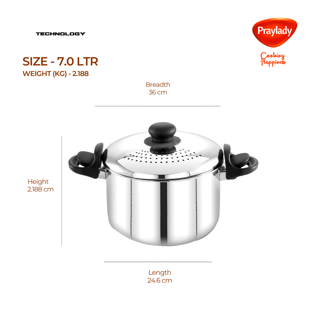 Praylady Stainless Steel Strainer Pot | Anti-Locking Glass Lid | Multi-Purpose Pasta, Rice & Noodle Pot | Large Family Pot | Induction & Gas Compatible