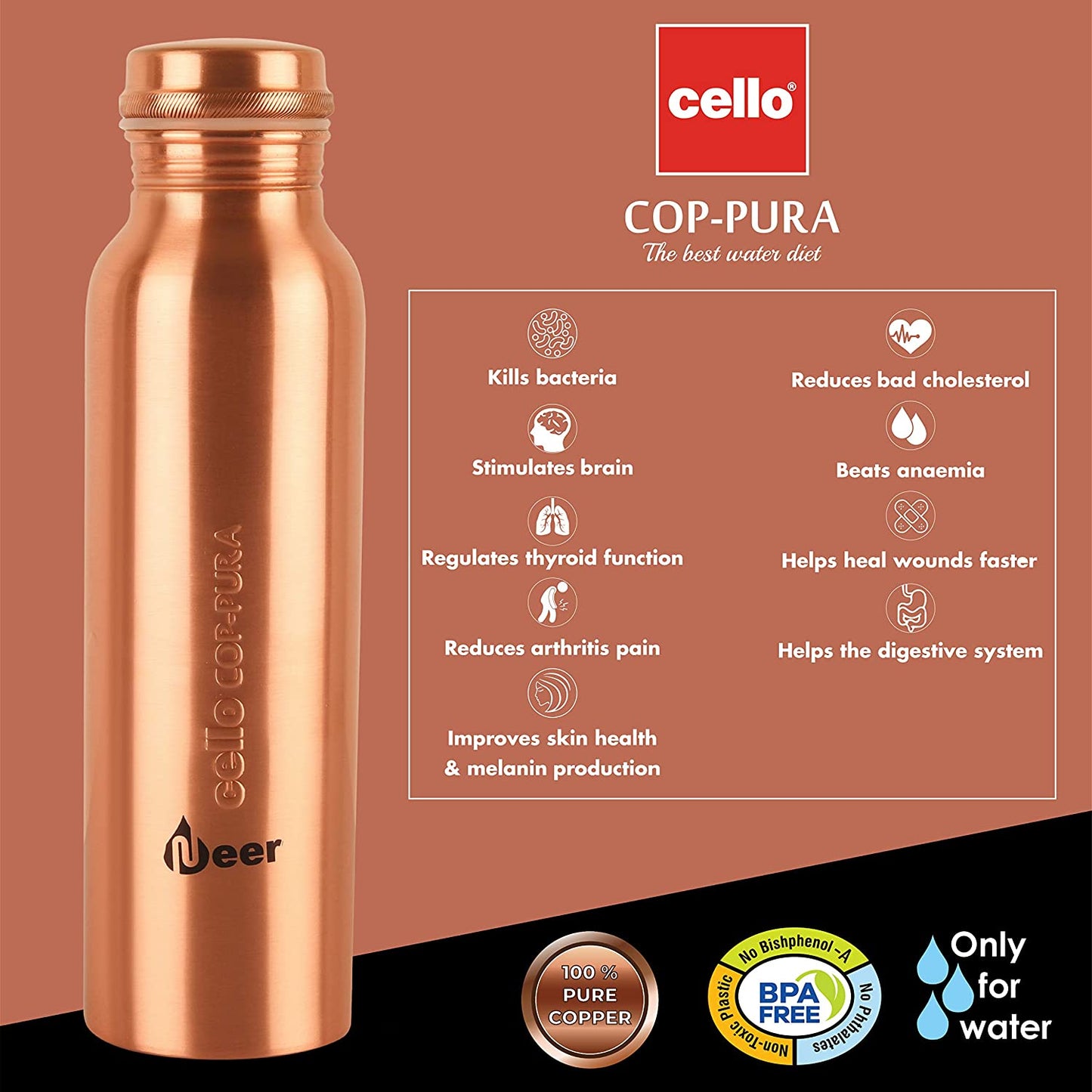 Cello COP-PURA Copper Water Bottle, 1000 ml - Premium copper water bottles from Cello - Just Rs. 977! Shop now at Surana Sons