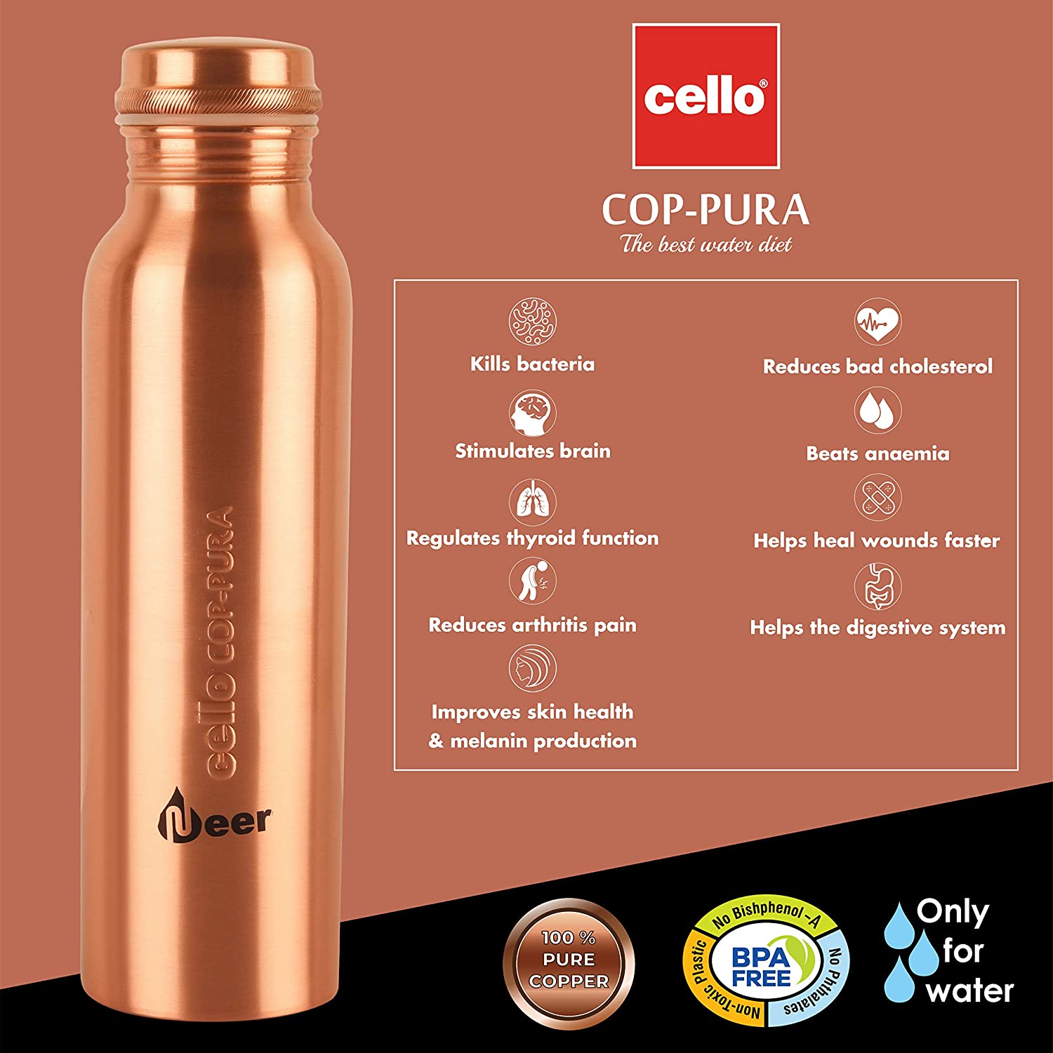 Cello COP-PURA Copper Water Bottle, 1000 ml - Premium copper water bottles from Cello - Just Rs. 977! Shop now at Surana Sons