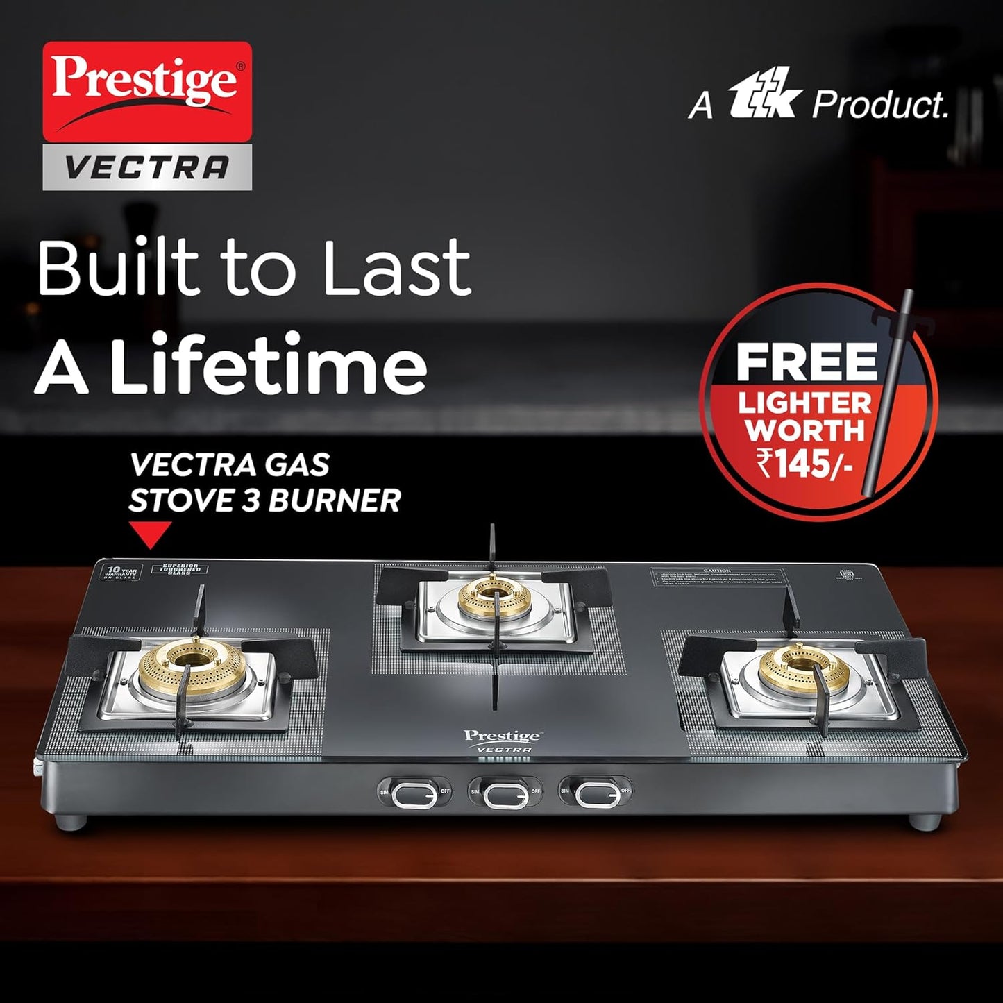 Prestige Vectra 3 Burner Glasstop Gas Stove | Toughened Glass | Jumbo Brass Burner | 3-Way Gas Inlet | 360 Degree Revolving Nozzle