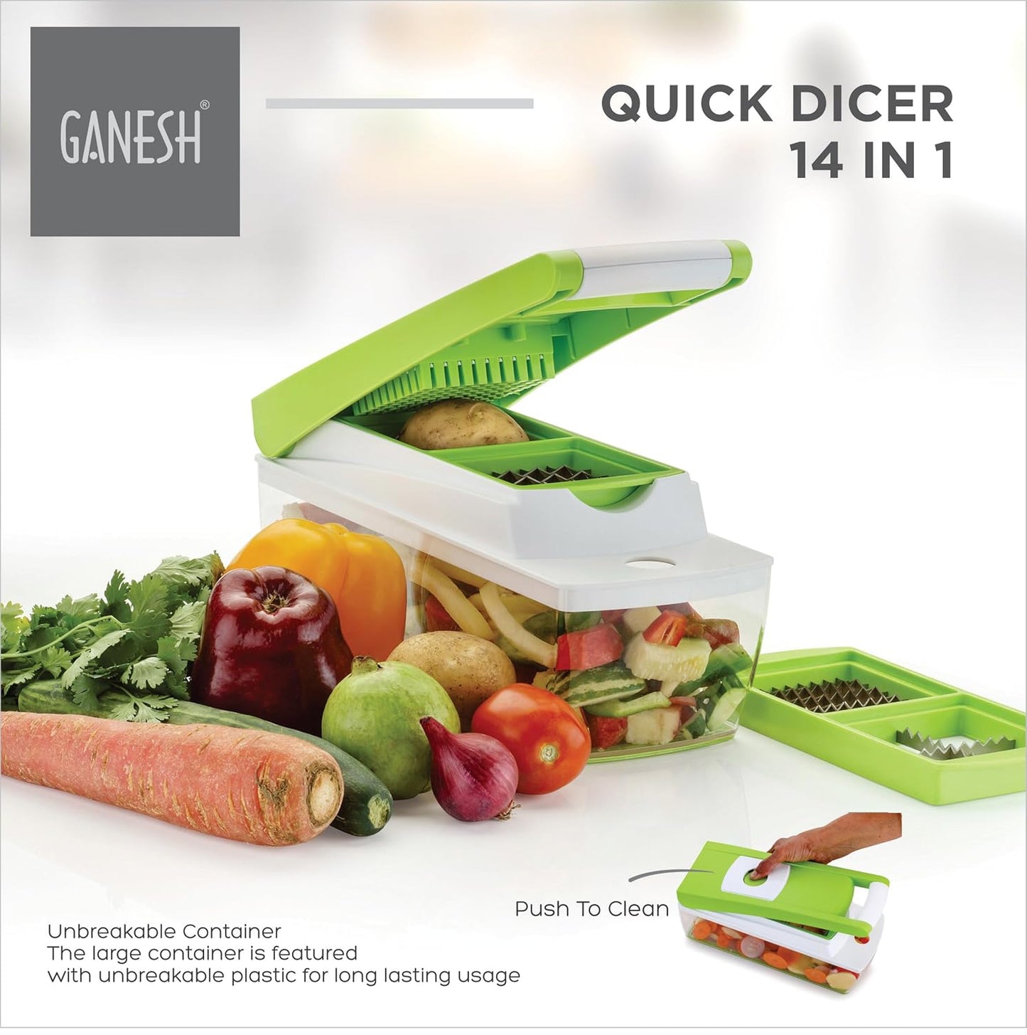 GANESH 14 in 1 Multipurpose Chopper, Fruits & Vegetable Cutters, Grater Peeler Chipser, Unbreakable Food Grade Body, Easy Push to Clean Button Slicer Dicer, Chopper for Kitchen (Green, Plastic)