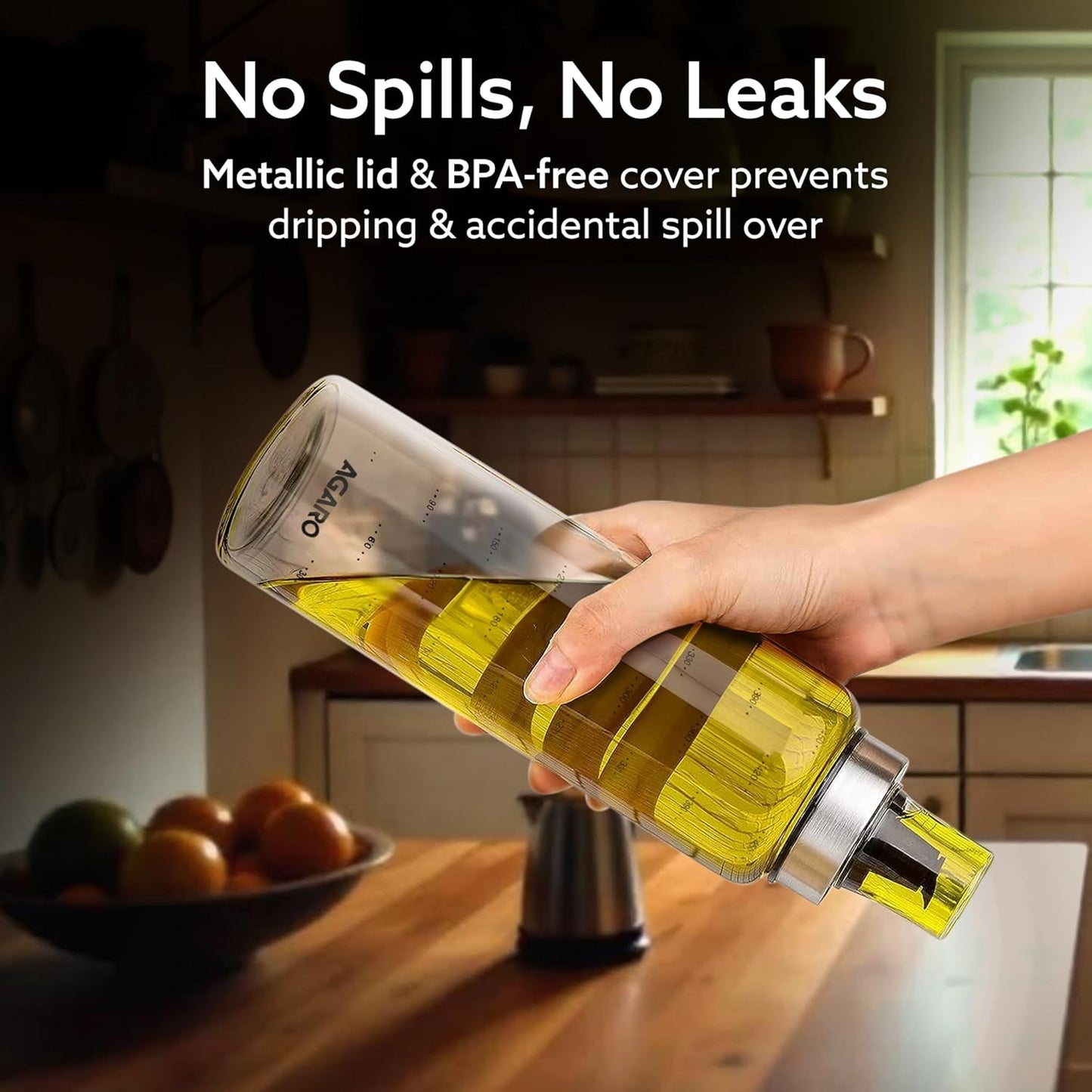 AGARO Elite Borosilicate Glass Oil Dispenser With Capacity Markings, Pack of 2, 500 ML each, Metallic Lid, Oil Bottle Jar, Transparent