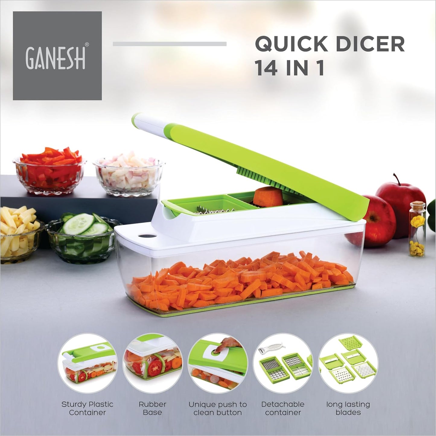 GANESH 14 in 1 Multipurpose Chopper, Fruits & Vegetable Cutters, Grater Peeler Chipser, Unbreakable Food Grade Body, Easy Push to Clean Button Slicer Dicer, Chopper for Kitchen (Green, Plastic)