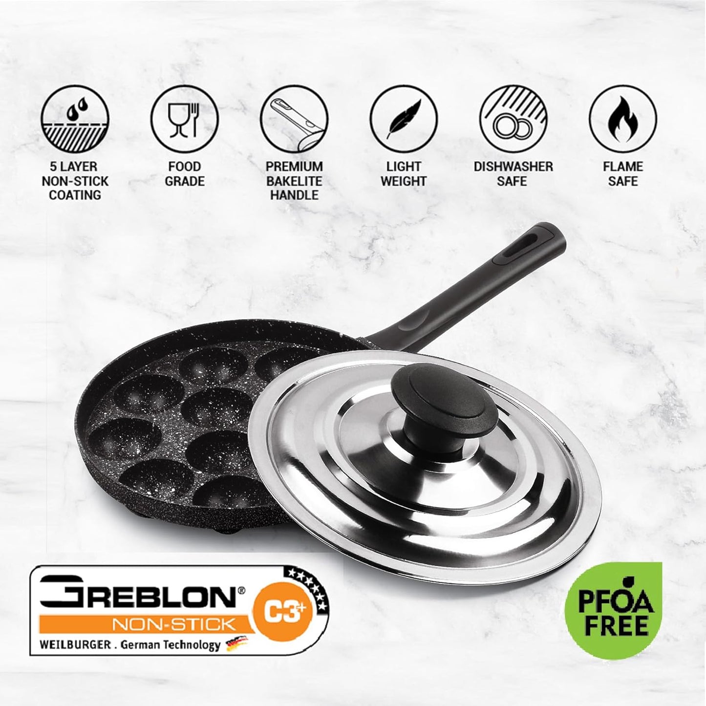 MILTON Pro cook Granito Non-Stick Appam Patra Cookware 12 Cavities, Paniyaram Pan with Stainless Steel Lid, Appe Maker, Black