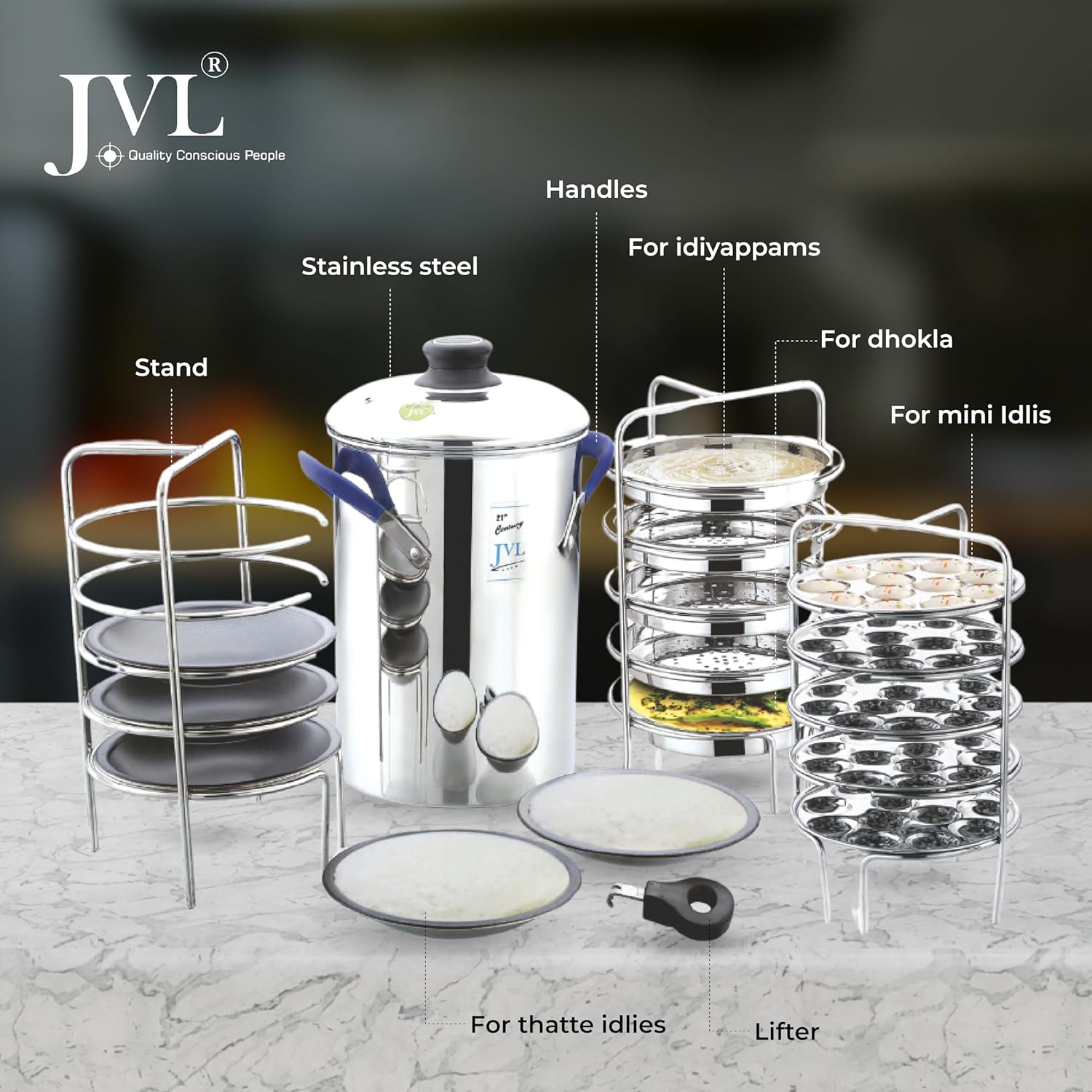 JVL Stainless Steel Full Set Thatte Idly, Idiyappam / Idla / Mini Idli / Dhokla Maker / Steamer - Premium Idli Dhokla Maker from JVL - Just Rs. 3799! Shop now at Surana Sons