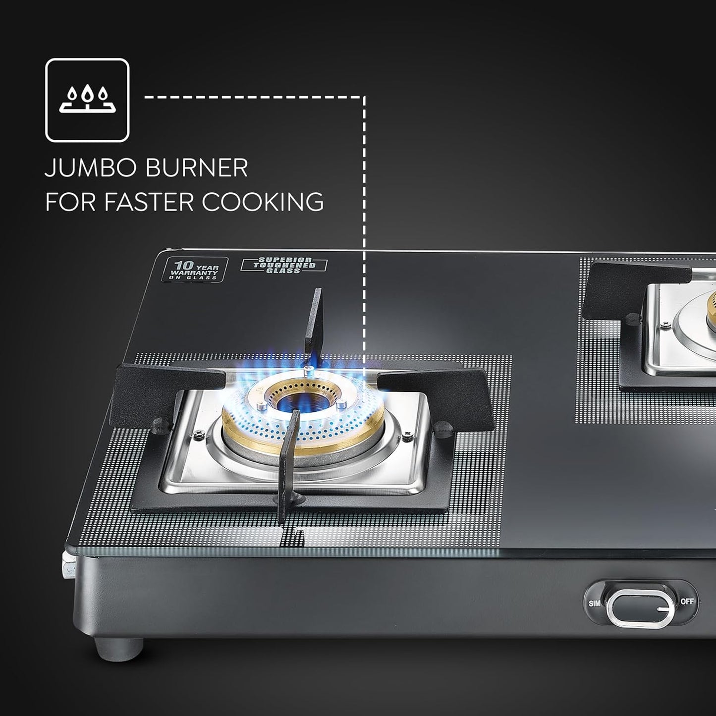Prestige Vectra 3 Burner Glasstop Gas Stove | Toughened Glass | Jumbo Brass Burner | 3-Way Gas Inlet | 360 Degree Revolving Nozzle