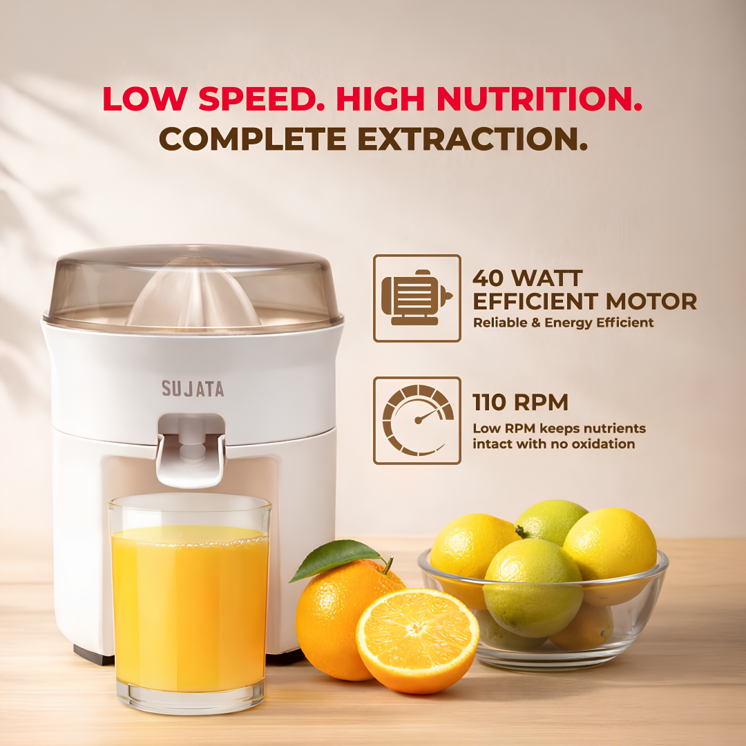 SUJATA CITROMATIC Citrus Juicer Machine for Pulpy Delights | 40 Watts | 110 RPM | Direct Flow for Unlimited Capacity