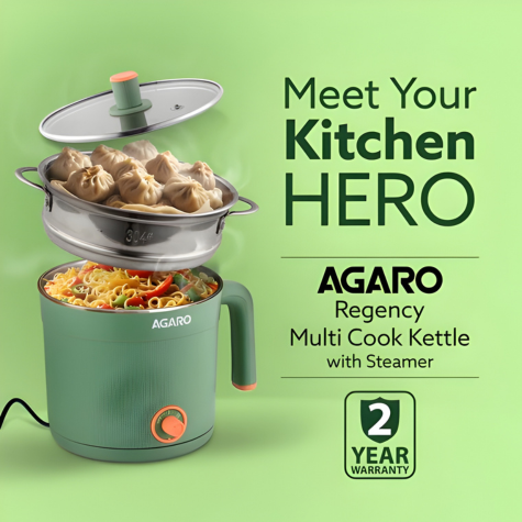 AGARO Regency Multi Cook Kettle With Steamer - 1.2 Litres - Sea Green | Boiling, Steaming, Tea, Coffee, Egg, Vegetable Boiling, 600 W