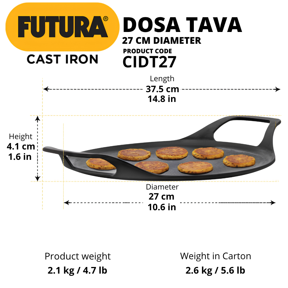 FUTURA By HAWKINS Reinforced Cast Iron Flat Tava 27 cm (CIDT27) | For Dosa, Uttapam, Chila, Tikki | Domestic Gas, Halogen, Ceramic, Induction Cooktop Compatible