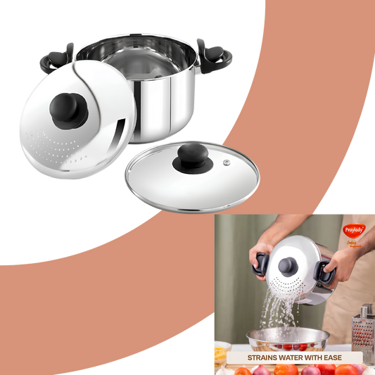Praylady Stainless Steel Strainer Pot | Anti-Locking Glass Lid | Multi-Purpose Pasta, Rice & Noodle Pot | Large Family Pot | Induction & Gas Compatible