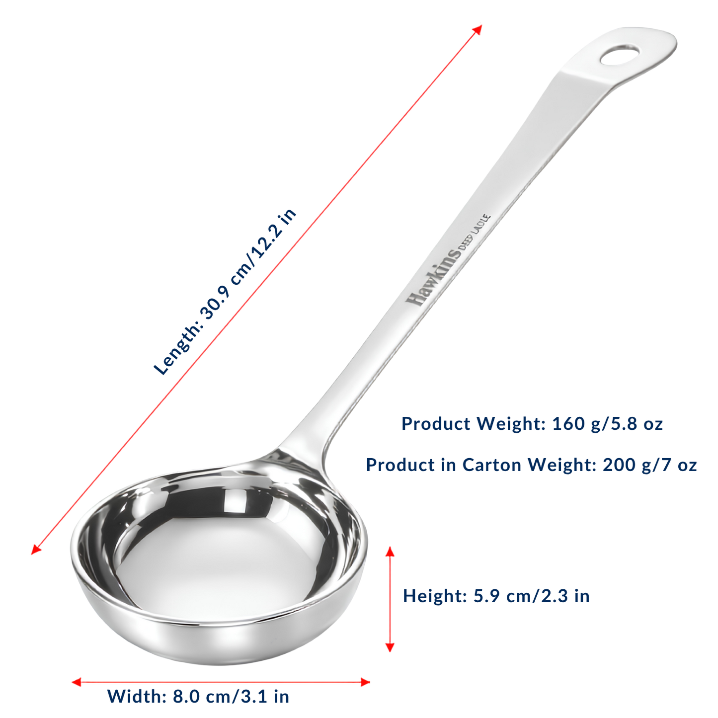 HAWKINS Food-Grade Stainless Steel 80 ml Deep Ladle | Thick Durable One-Piece Design | Long Handle | Hanging Loop | for Serving Dal, Curry & Soup | Karchhi | Pali | Silver (SSPTDL)
