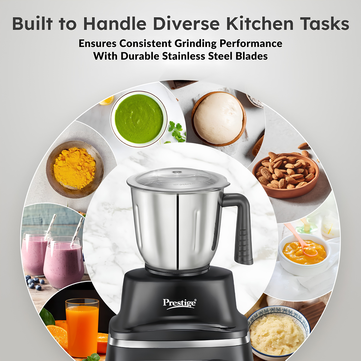 PRESTIGE Prisma Pro 750W 5 Jars Mixer Grinder  Stainless Steel Jars 3U, Multi Utility Jar 1 U & Juice Jar 1 U | 6 Super-Efficient Blades | Black & Silver