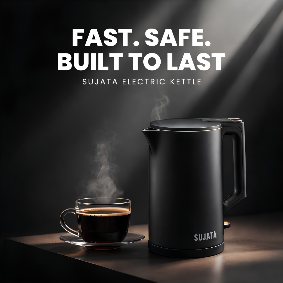 SUJATA 1380 W Electric Kettle EK01 1.5 Litre | Strix Controller (Dry Heat Protect) | Cool Touch | 3 Way Auto Shut Off | Stainless Steel | Double Wall Cool Touch | 360 Degree base | Black