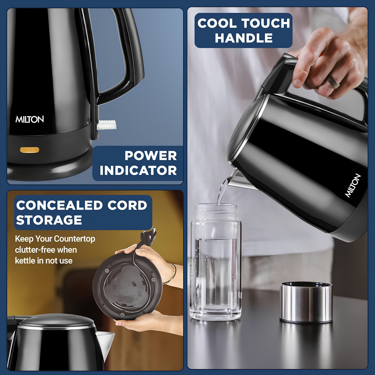 MILTON Riga Stainless Steel Electric Kettle 1.5L | 1500 W | Fast Boiling | Boil Dry Protection | Auto Cut-Off | Double Wall Body With Cool-touch Handle | 1 Year Warranty | Black