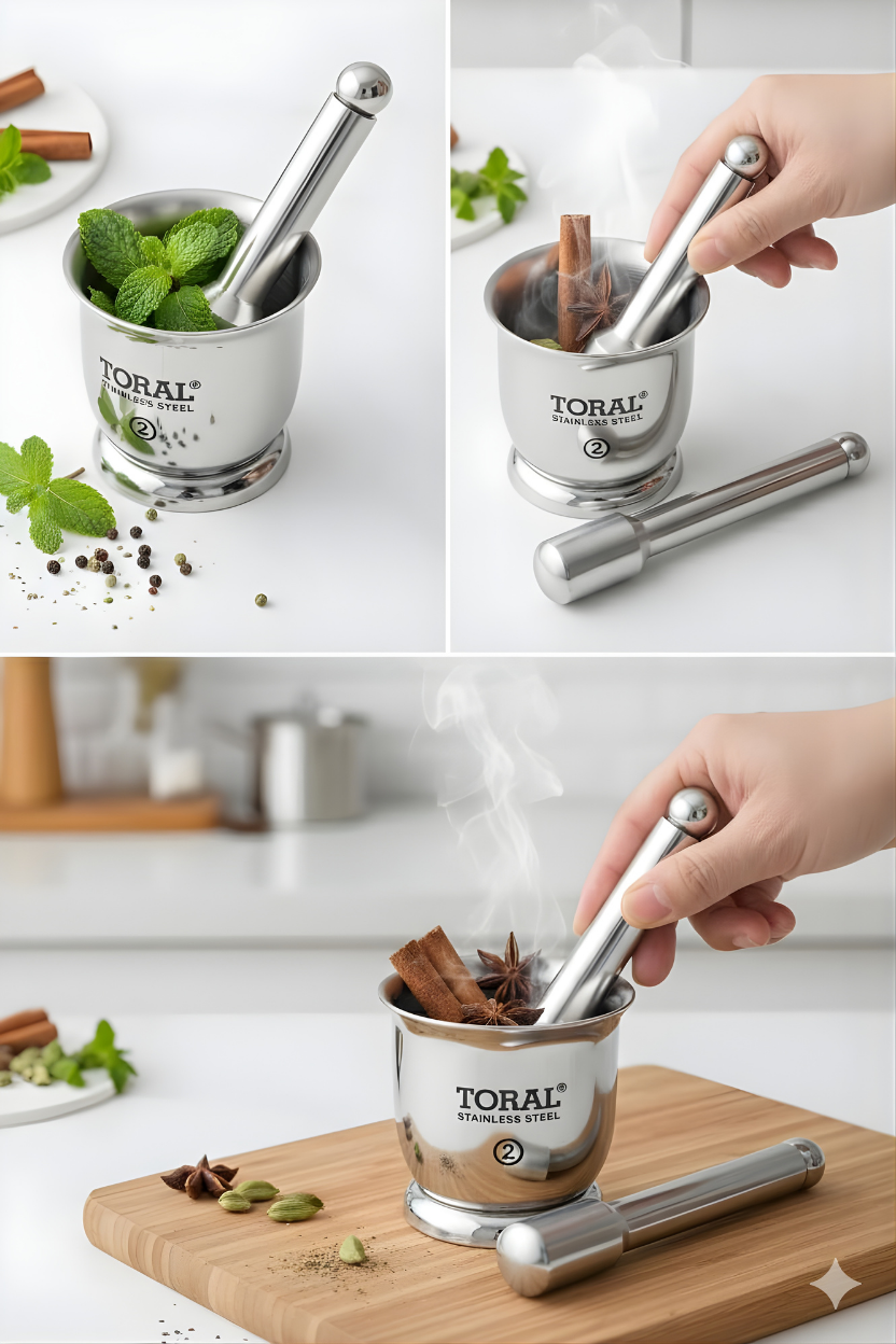 TORAL Popular Heavy Weighted Stainless Steel Mortar and Pestle Set | Rust-Proof Premium QualityKhalbatta/Kharal | Spice & Medicine Grinder for Kitchen Use