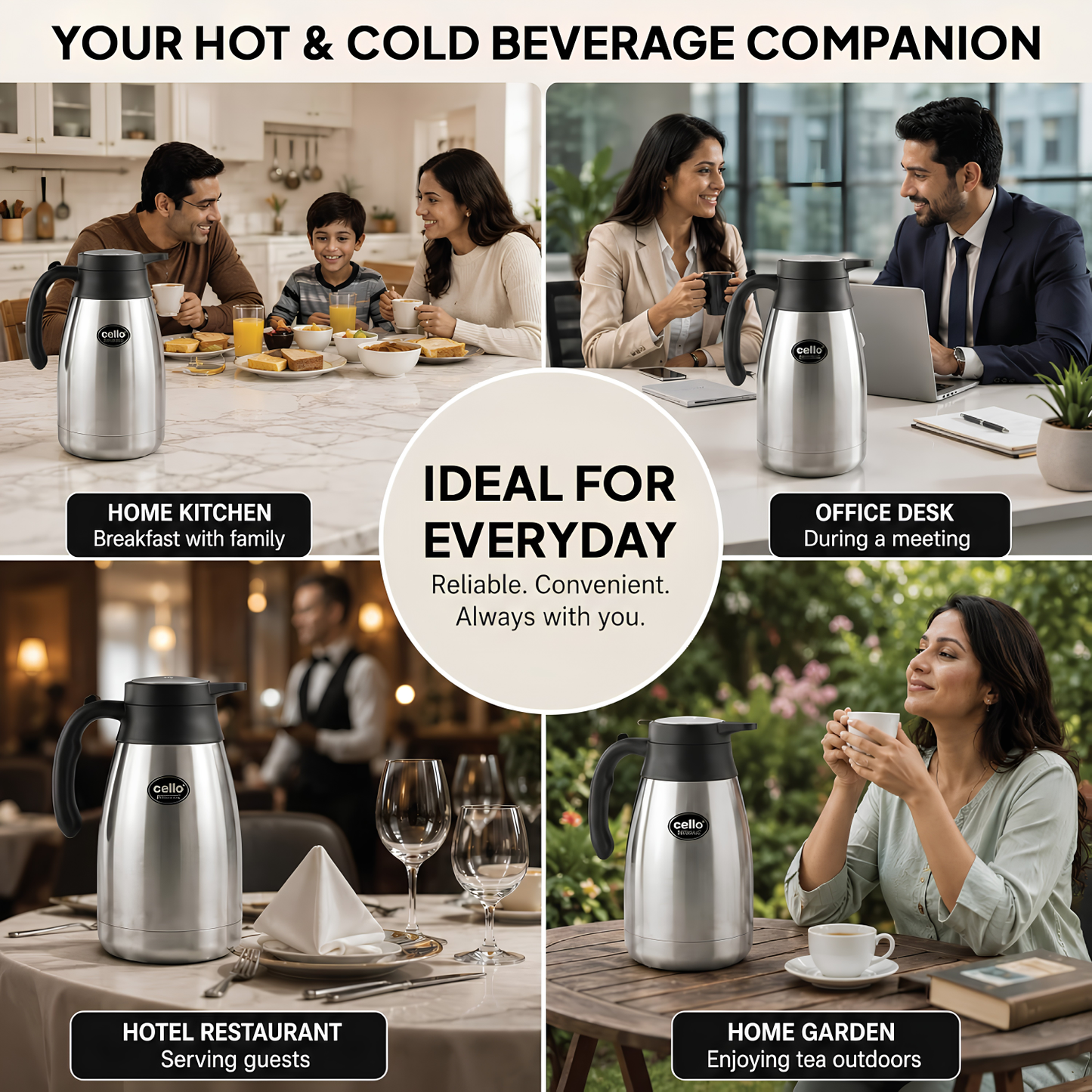 CELLO Emperor Stainless Steel Tea & Coffee Flask Carafe with Handle, Silver | Double Wall, Vacuum Insulated, 24 Hours Hot and Cold Flask Carafe | Ideal For Home, Kitchen, Office & Restaurants
