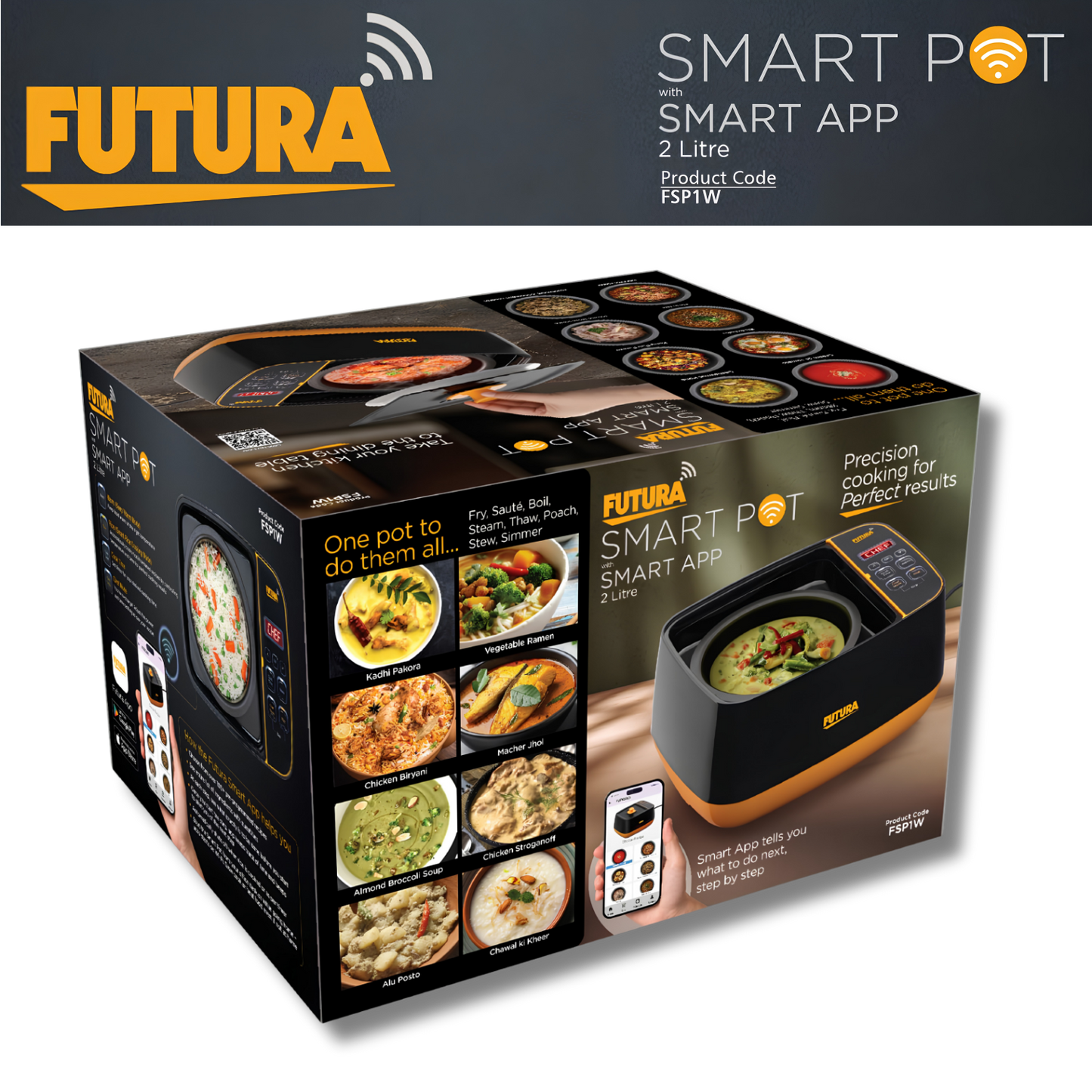 Hawkins Futura Smart Pot with Smart App, 2 Litre Smart Electric Cooker | Wi-Fi App Control | Automatic Rice Cooking | Slow Cooking, Sauté, Fry, Steam & Warm Functions | 100+ Guided Recipes | Portable Table-Top Cooker | Black (FSP1W)