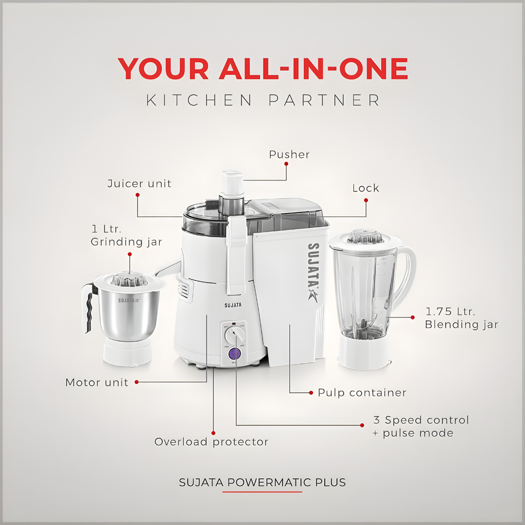 Sujata Powermatic Plus | India's Best Juicer Mixer Grinder | 900 Watt | 2 Jar