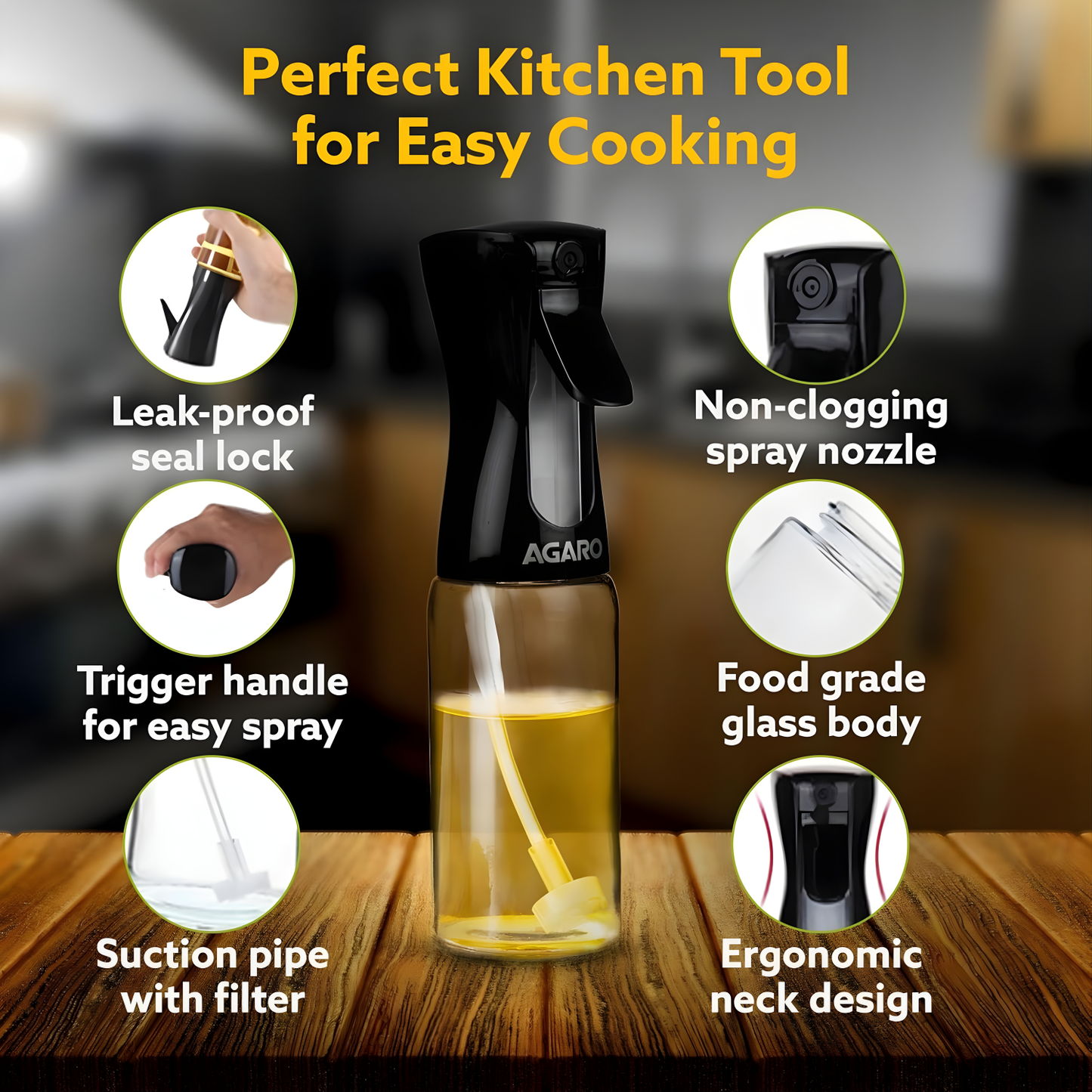 AGARO Elegant Oil Sprayer For Cooking, 200 Ml, Glass Body, Refillable Cooking Oil Spray Bottle, Oil Spritzer !