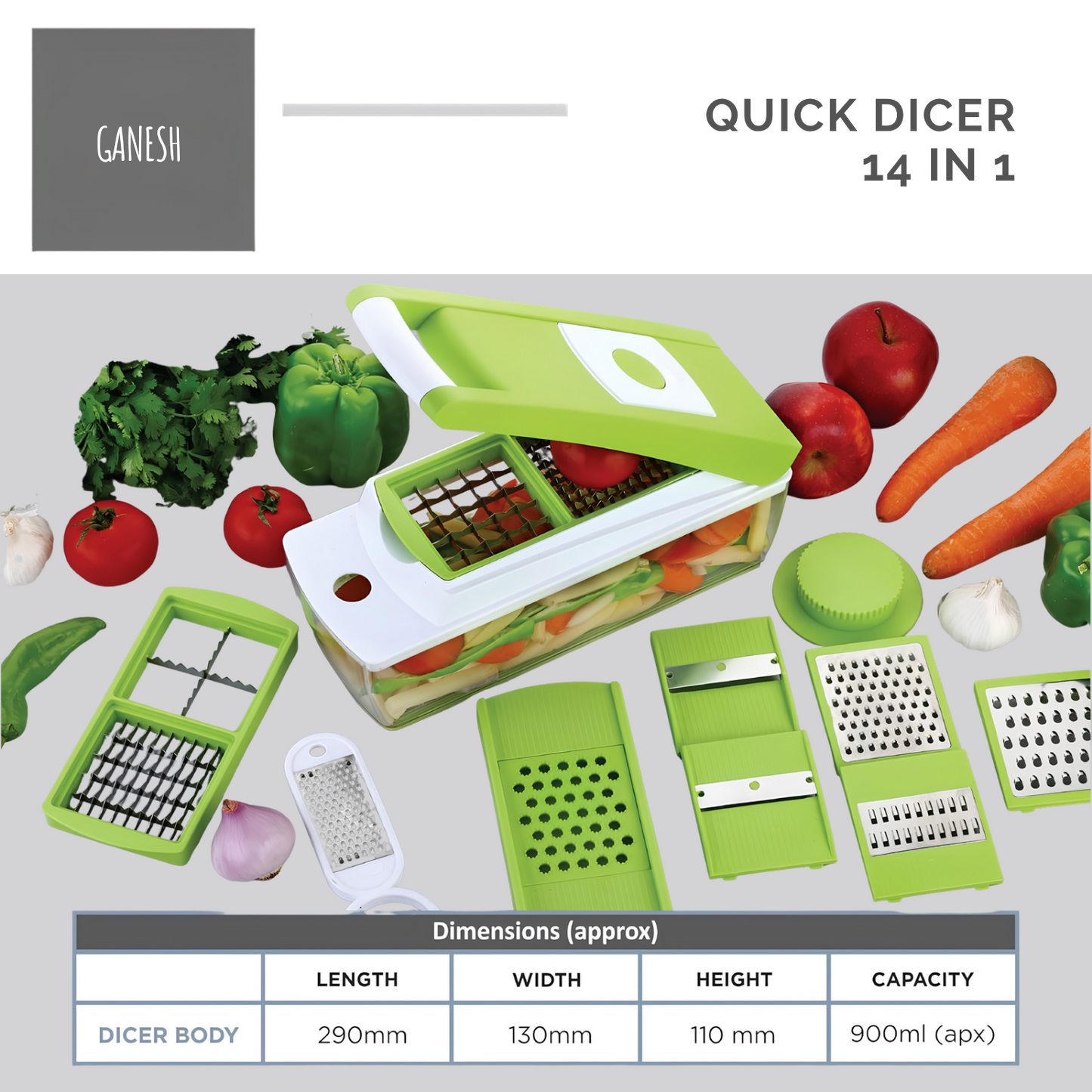 GANESH 14 in 1 Multipurpose Chopper, Fruits & Vegetable Cutters, Grater Peeler Chipser, Unbreakable Food Grade Body, Easy Push to Clean Button Slicer Dicer, Chopper for Kitchen (Green, Plastic)