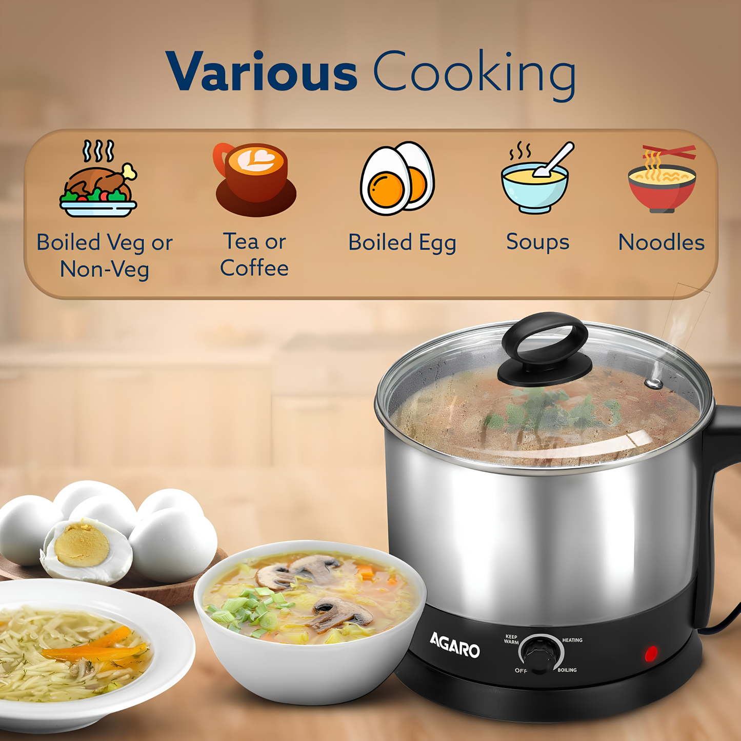 AGARO Esteem Electric Multipurpose Kettle 1.2 Ltr | 600 W with Stainless Steel Body, Egg Rack, Grill Rack | 3 Heating Modes & Rapid Boil Technology, Boiling Water, Tea, Coffee, Oats, Noodle, Soup | Black