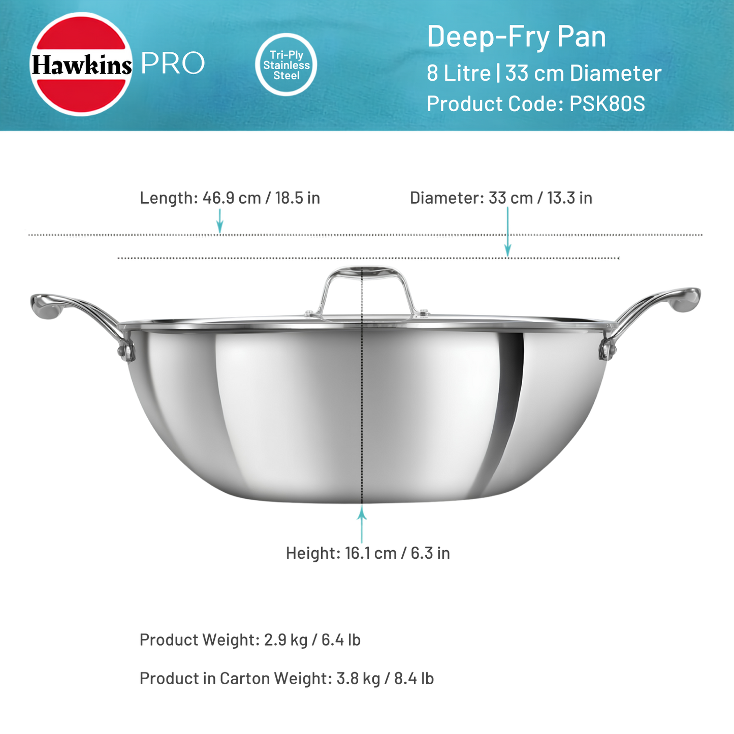 HAWKINS Pro Deep-Fry Pan | Triply Stainless Steel Kadhai with Steel Handles and Steel Lid | Silver