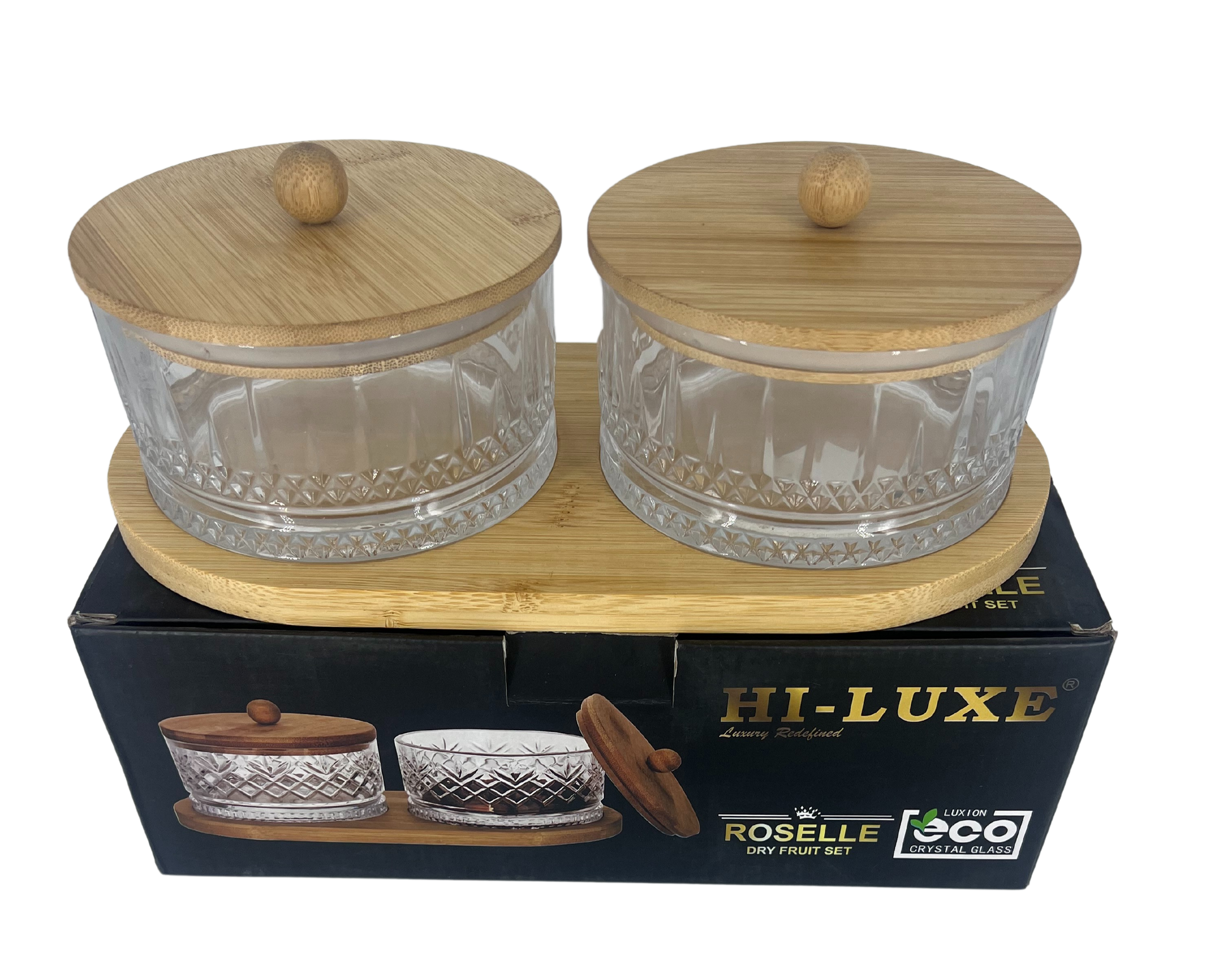Hiluxe Premium Glass Bowl Set Dry Fruit With Wooden Lid Tray Home Gifting Gift Box