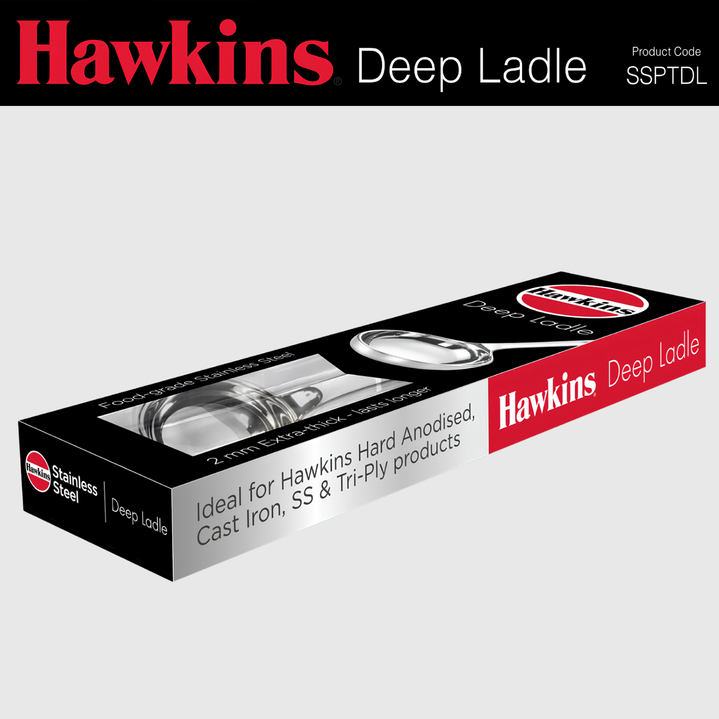 HAWKINS Food-Grade Stainless Steel 80 ml Deep Ladle | Thick Durable One-Piece Design | Long Handle | Hanging Loop | for Serving Dal, Curry & Soup | Karchhi | Pali | Silver (SSPTDL)